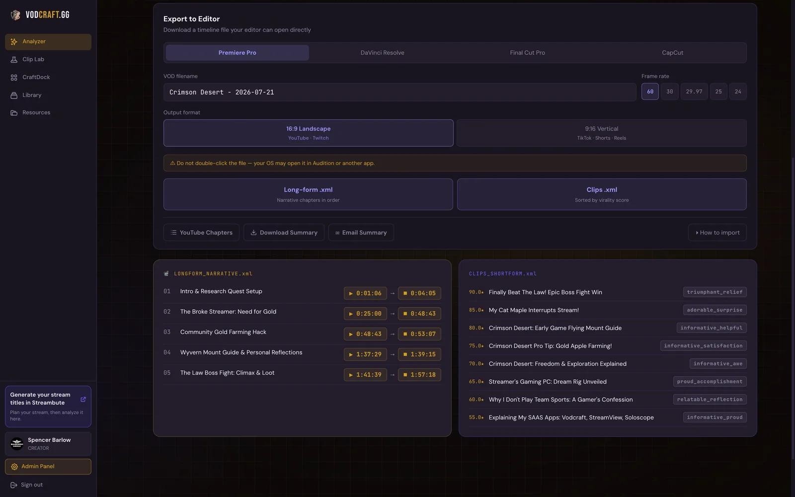 VODcraft export options for Premiere Pro, DaVinci Resolve, Final Cut Pro and CapCut with ready-to-cut timelines
