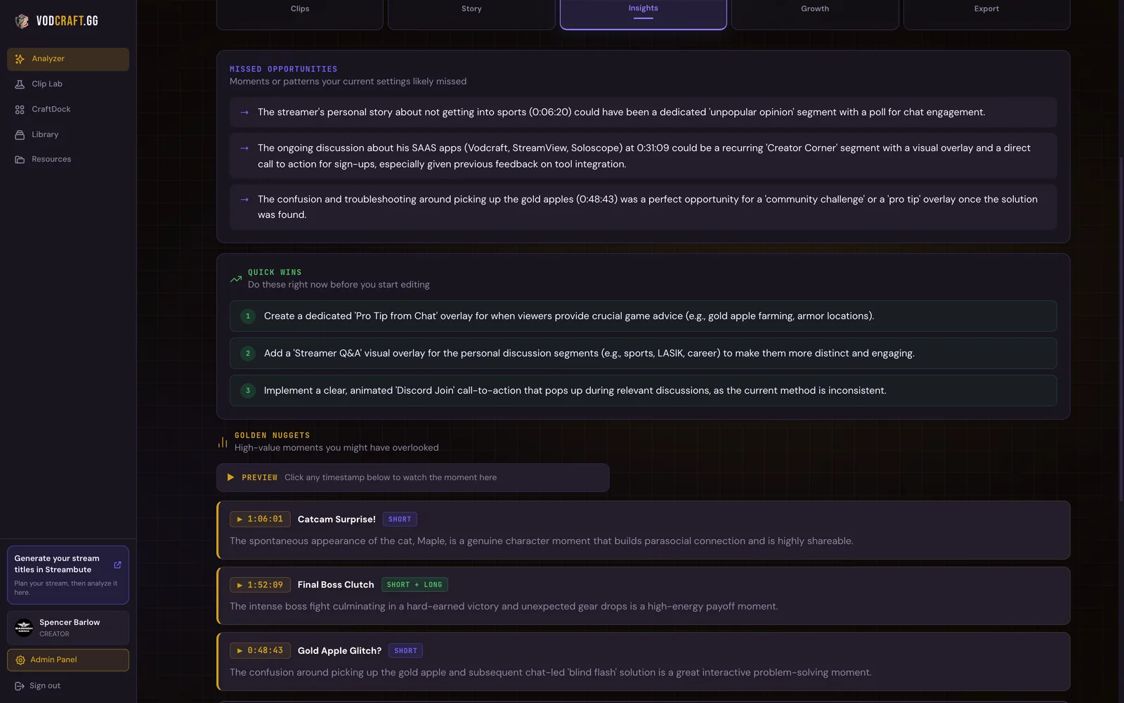 VODcraft analysis showing missed opportunities during a Twitch stream — unanswered chat questions and overlooked moments with timestamps