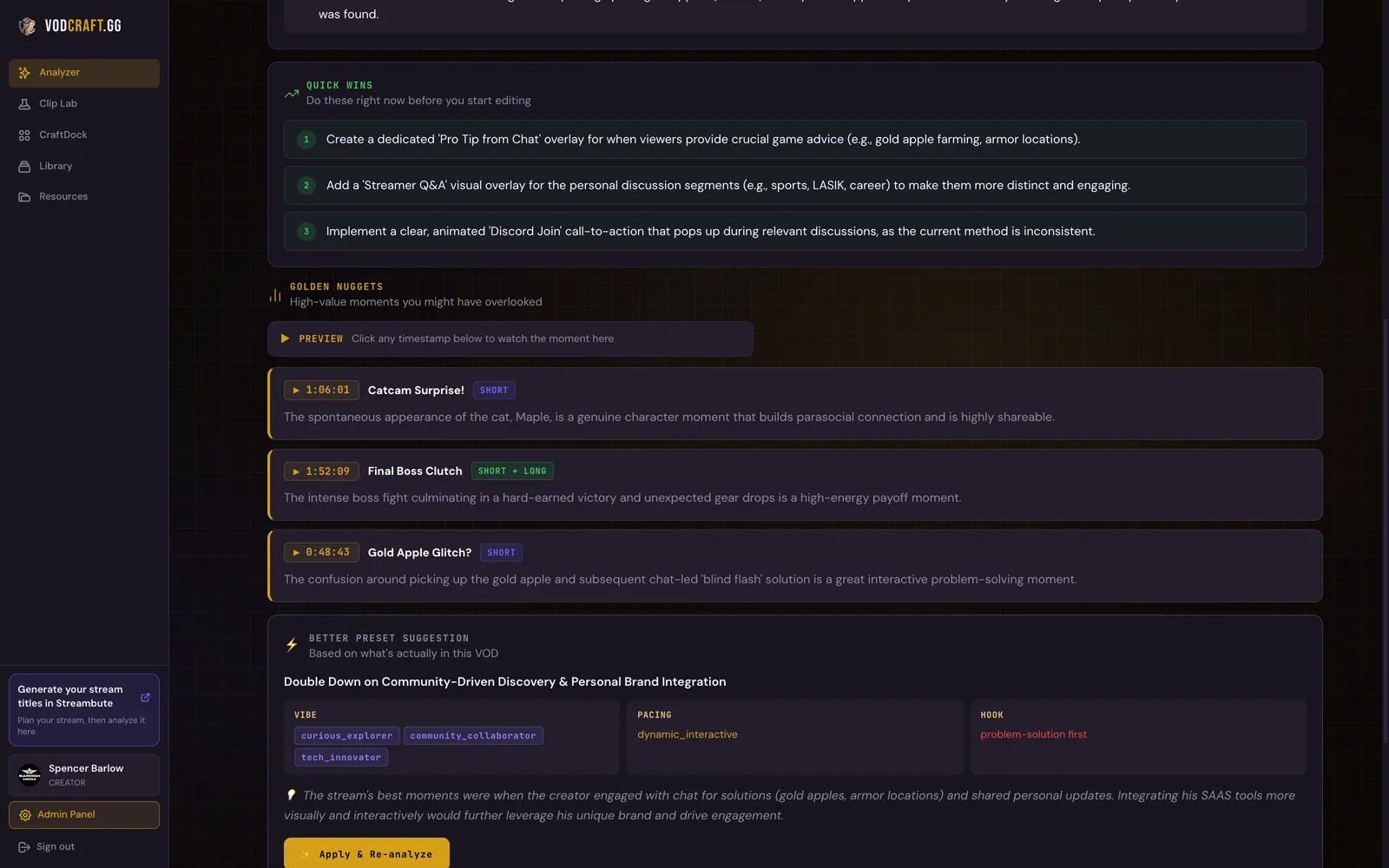 VODcraft Quick Wins analysis showing immediately actionable stream improvements pulled from a VOD review
