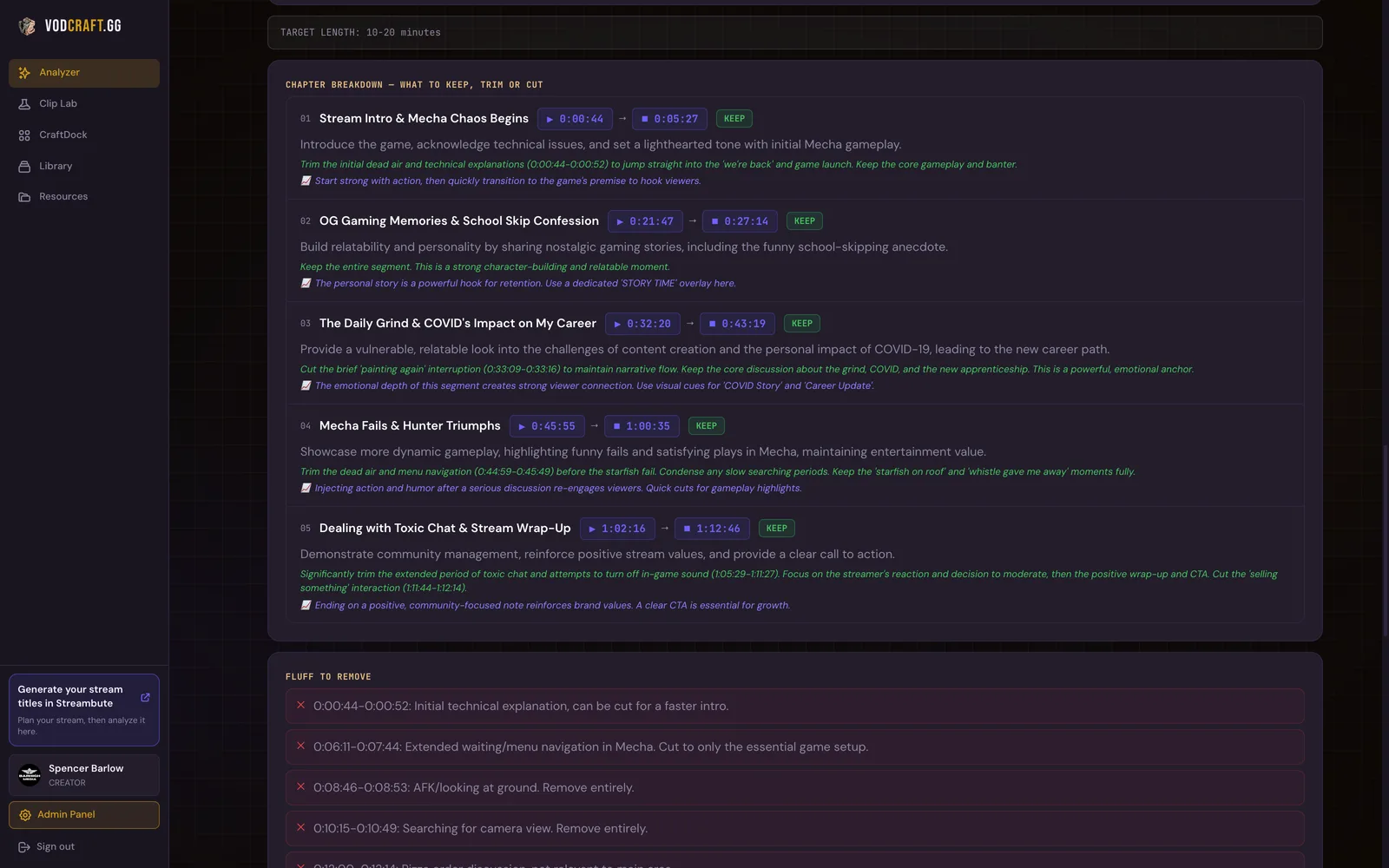 VODcraft Story tab showing a stream broken into chapters with keep, trim and cut recommendations for a long-form edit