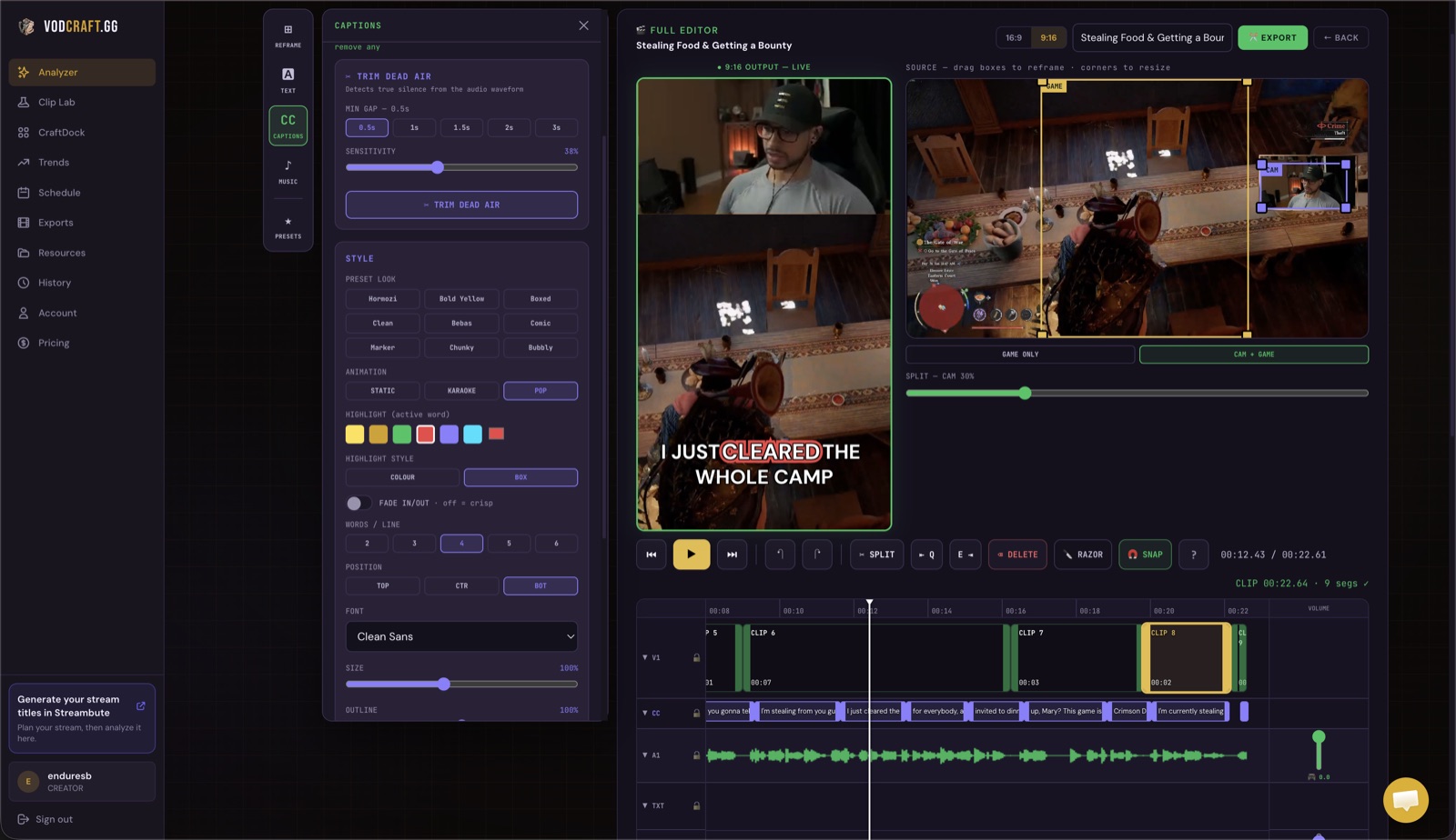 VODcraft editor showing AI-scored clips from a Twitch gaming VOD, ready to export as FCPXML for Final Cut Pro